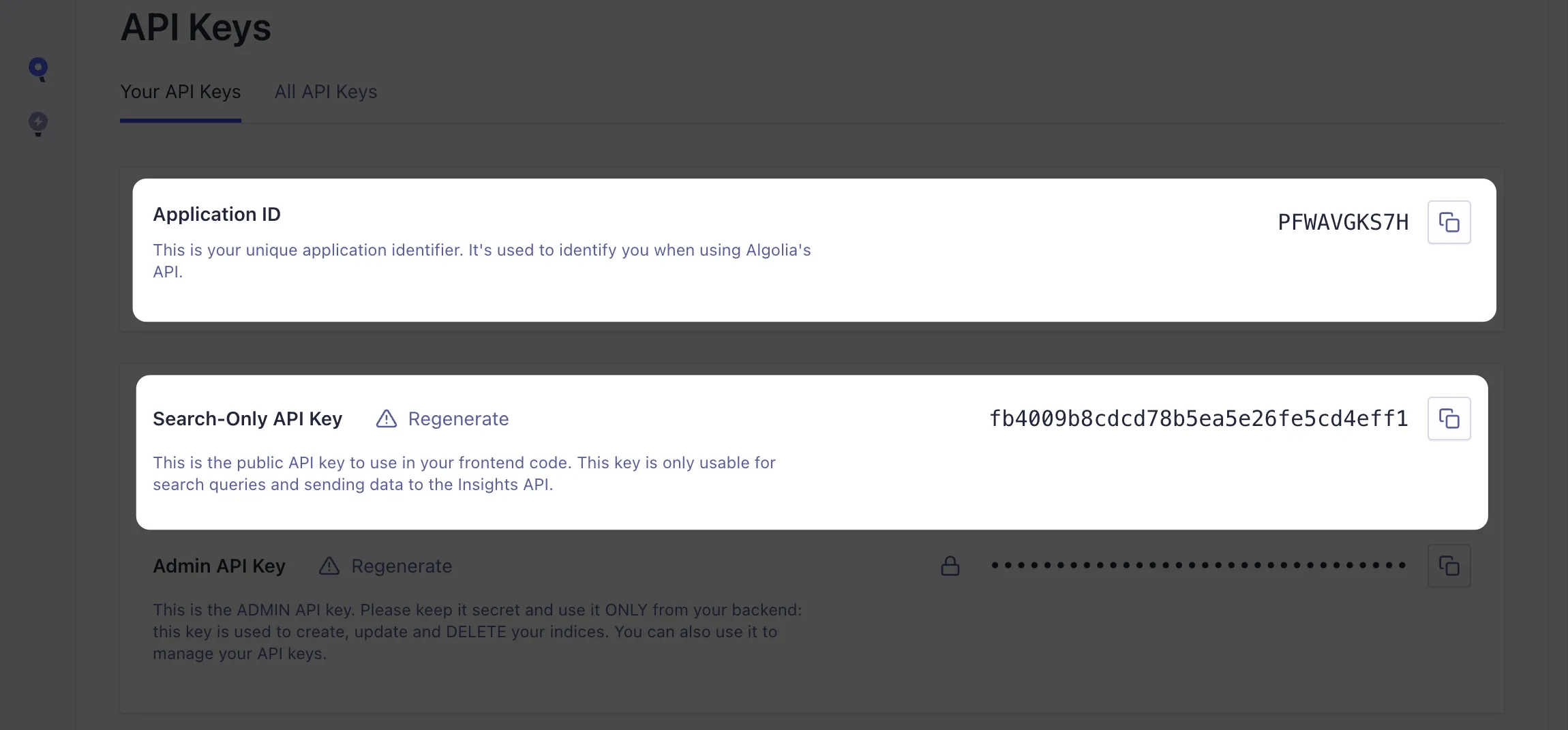Algolia App ID and API Keys