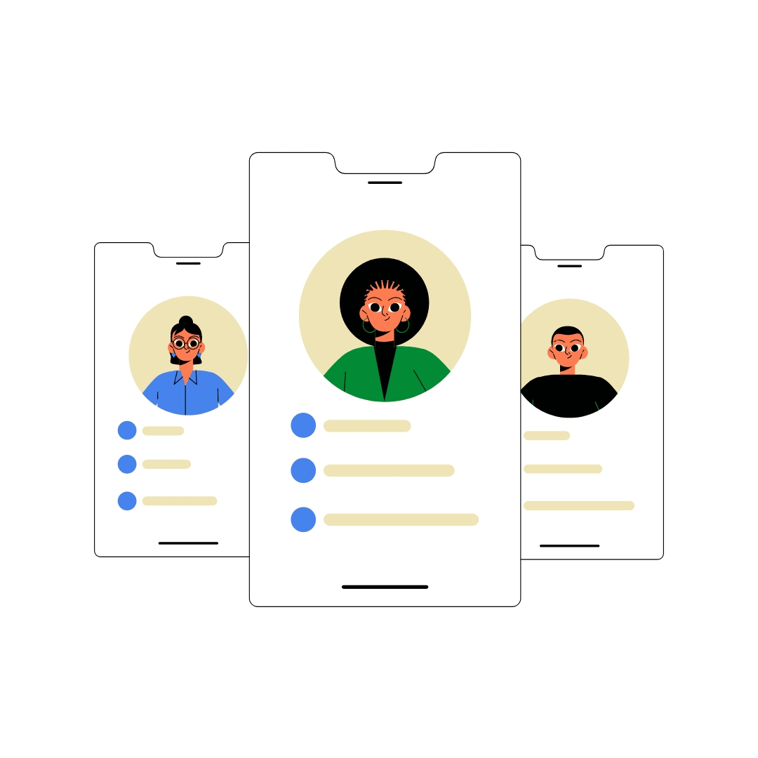 3 generic profile cards hover next to each other.